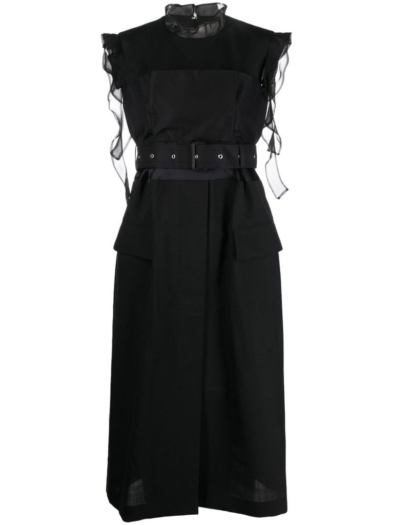 Black Panelled Belted Midi Dress