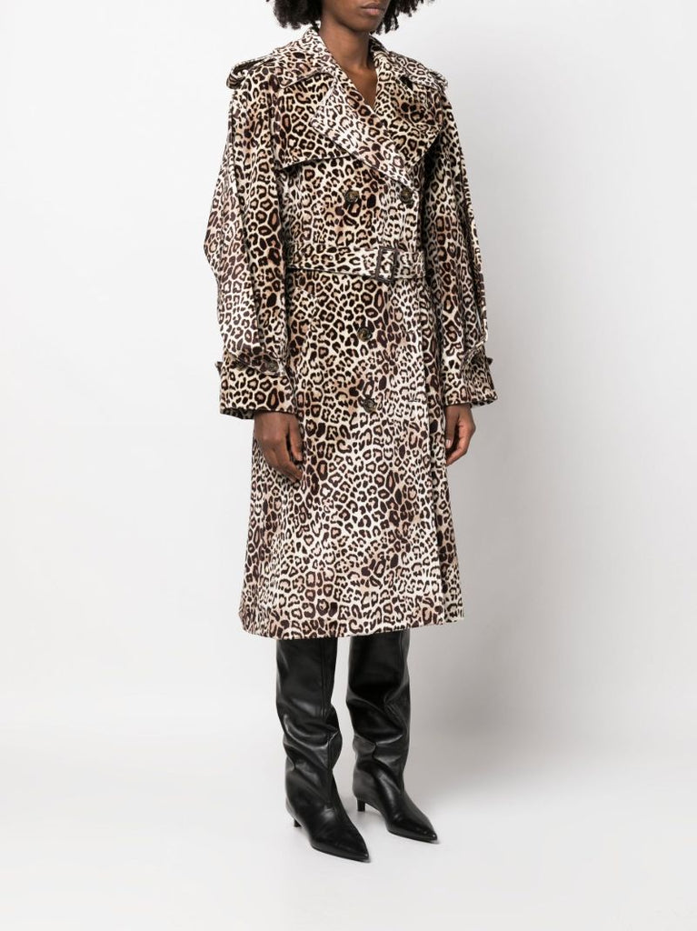 Brown Leopard Print Double-breasted Trench Coat