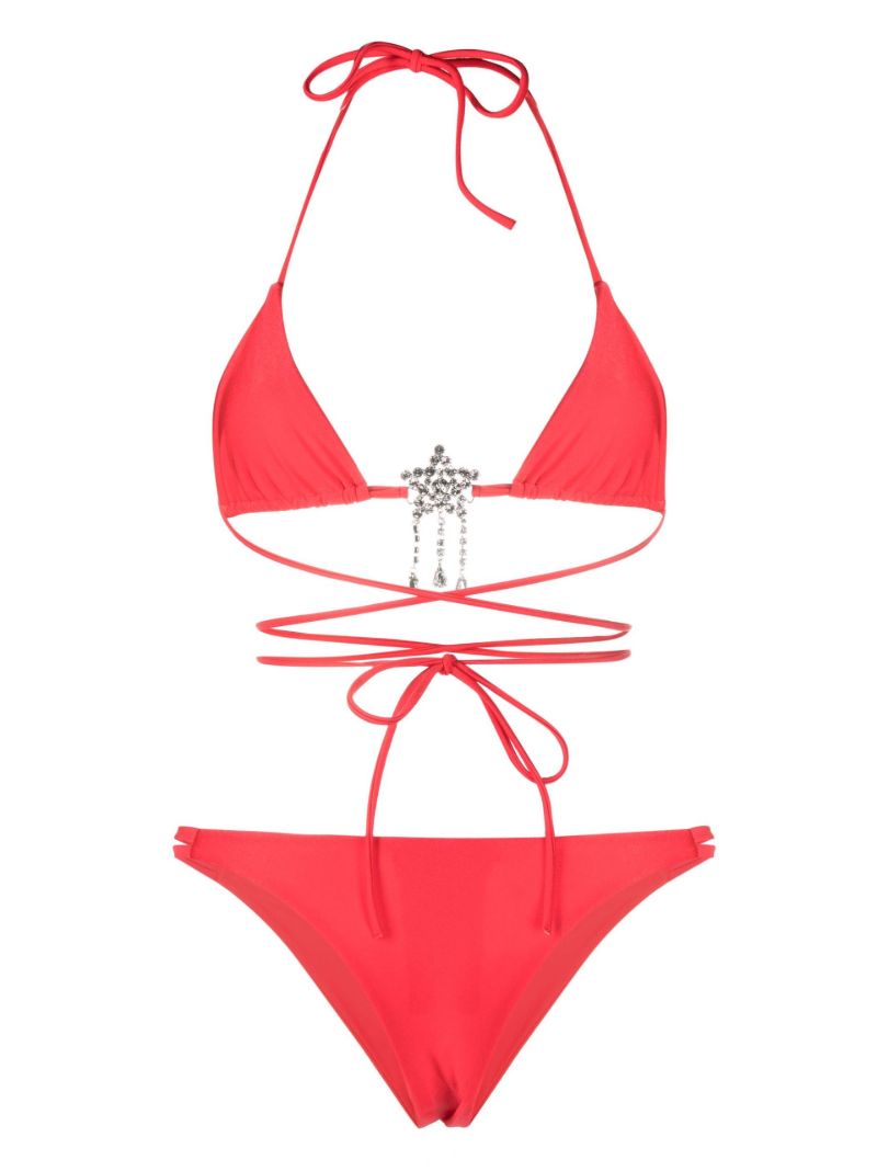 Red Crystal-embellished Triangle Bikini