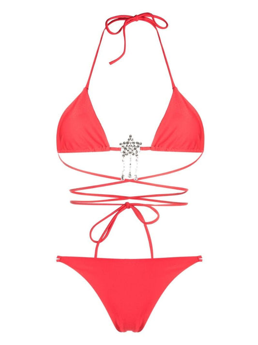 Red Crystal-embellished Triangle Bikini