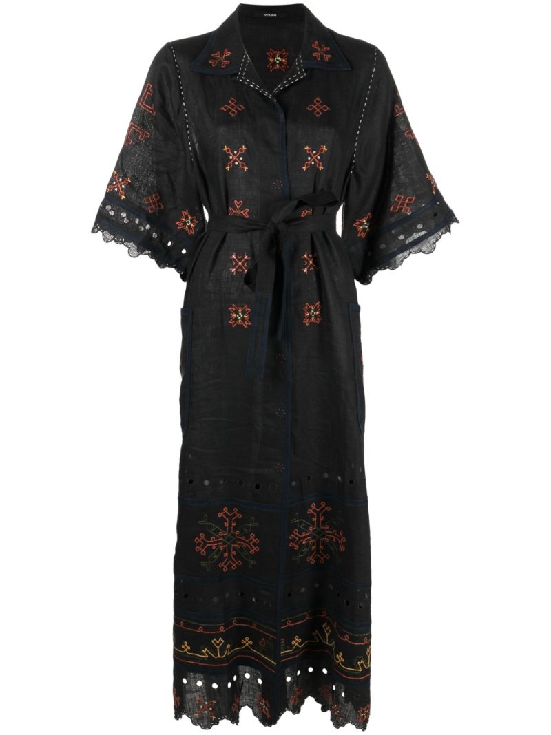 Black Greta Embroidered Linen Midi Dress