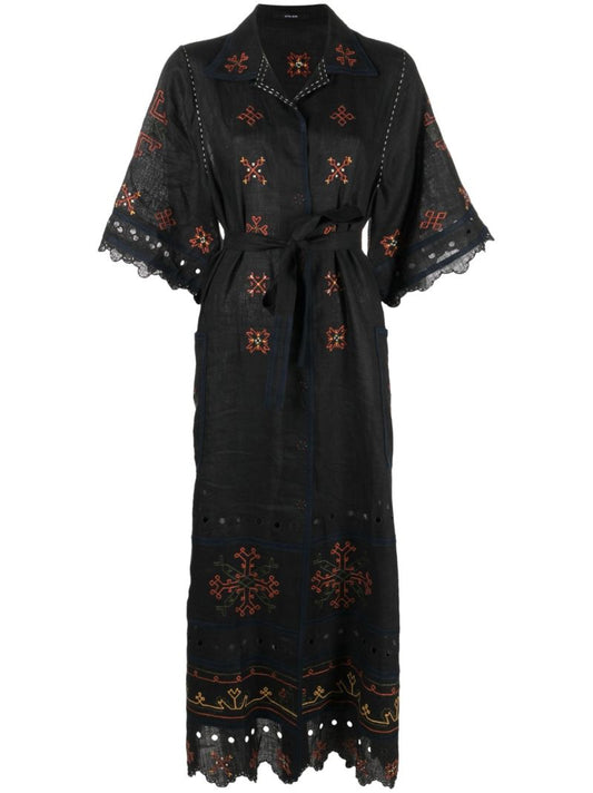 Black Greta Embroidered Linen Midi Dress