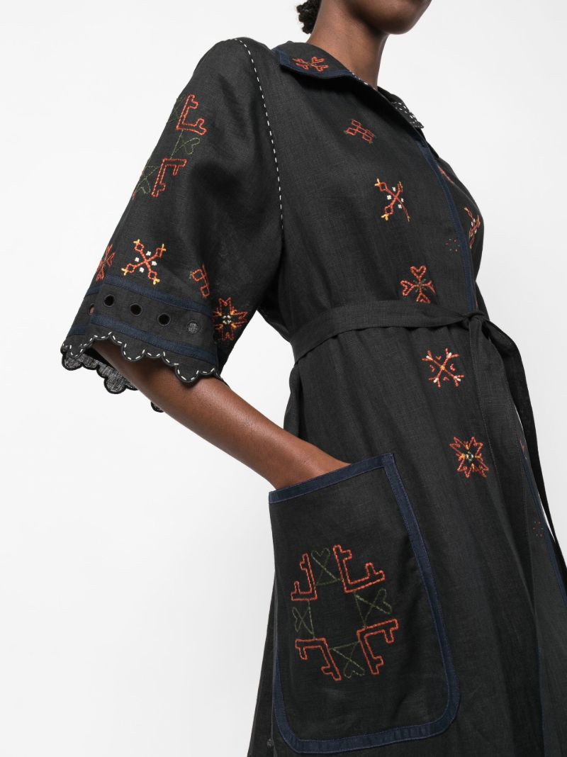 Black Greta Embroidered Linen Midi Dress