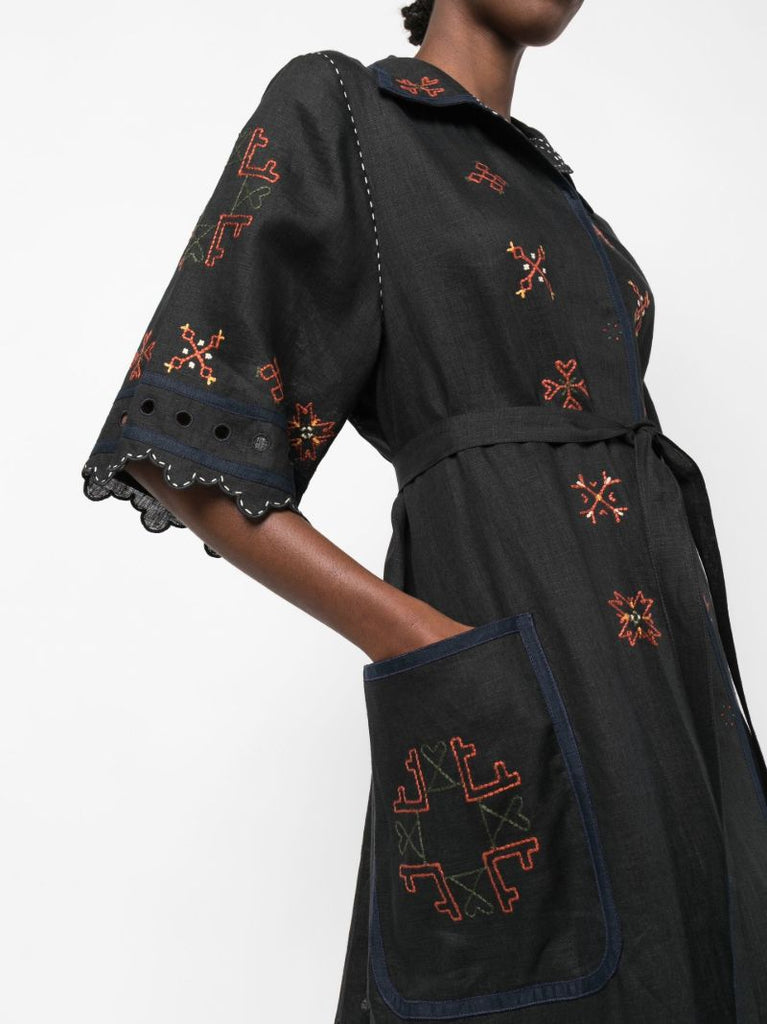 Black Greta Embroidered Linen Midi Dress