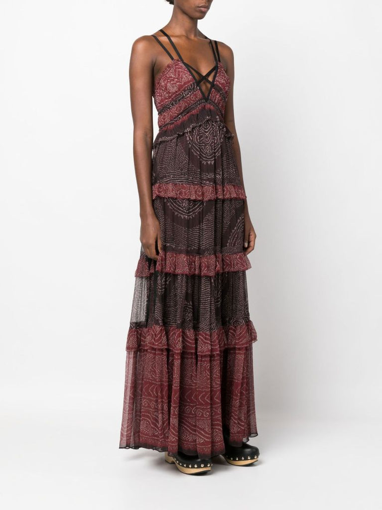 Red Agathe Ruffle Tiered Silk Gown