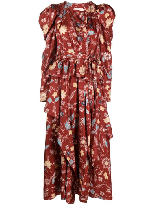 Red Virginie Floral Print Silk Dress
