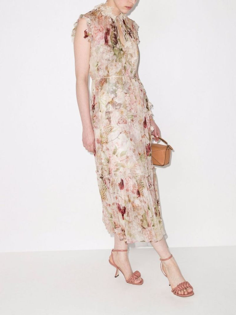 Neutral Dancer Flutter Floral Midi Dress