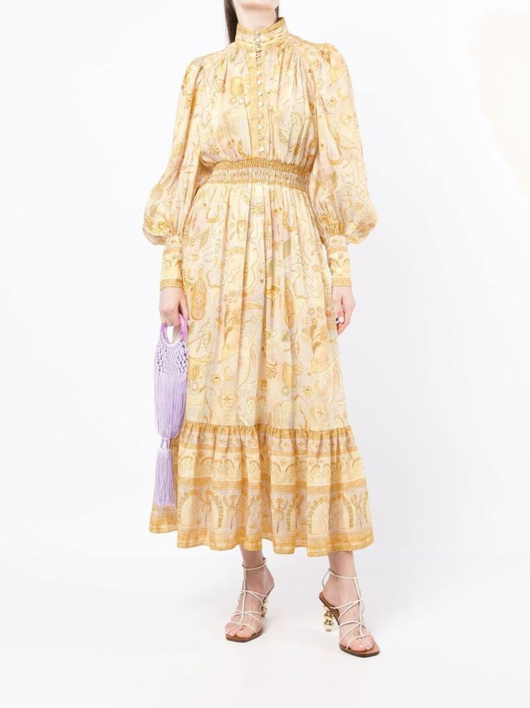 Orange Solitaire Bell Sleeve Midi Dress