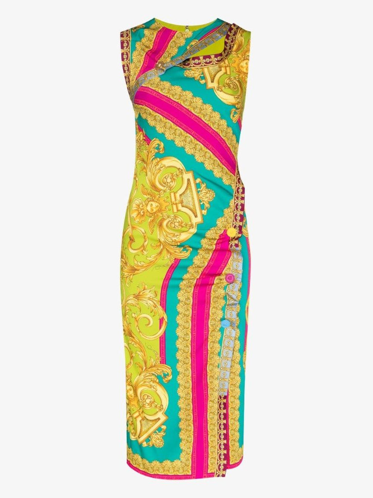 Multicolour Barocco Goddess Printed Silk Midi Dress