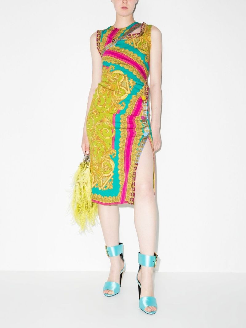 Multicolour Barocco Goddess Printed Silk Midi Dress