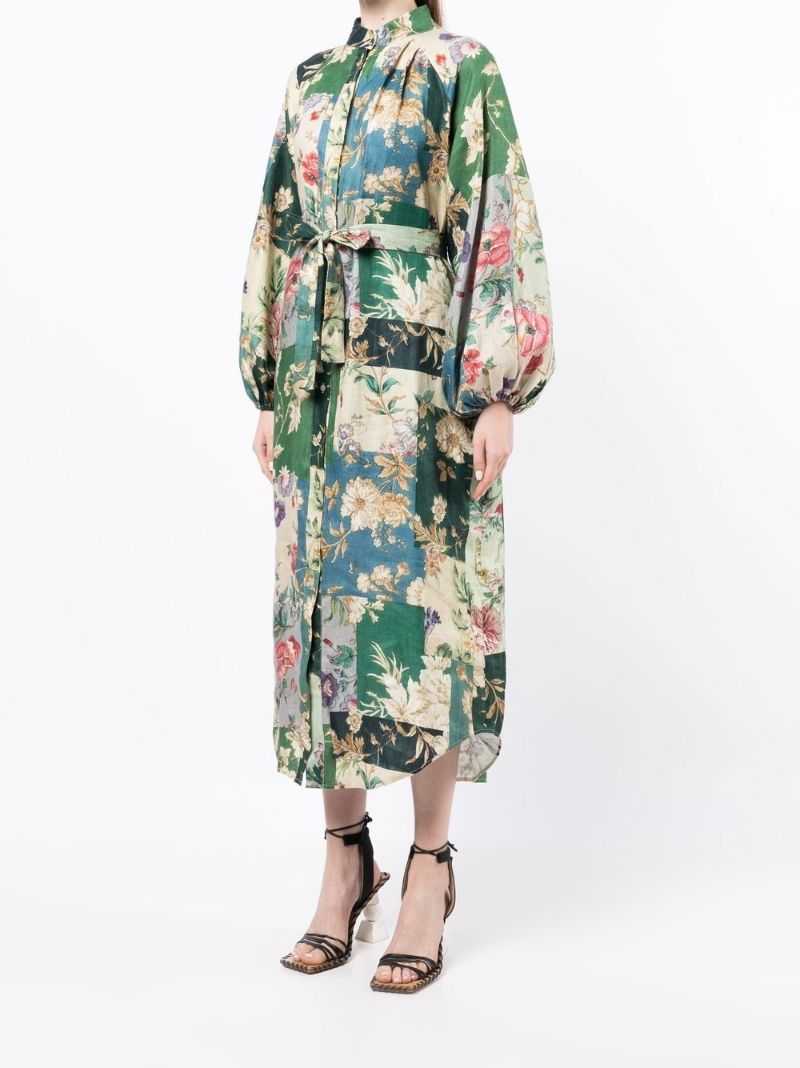 Green Loretta Patchwork Linen Shirt Dress