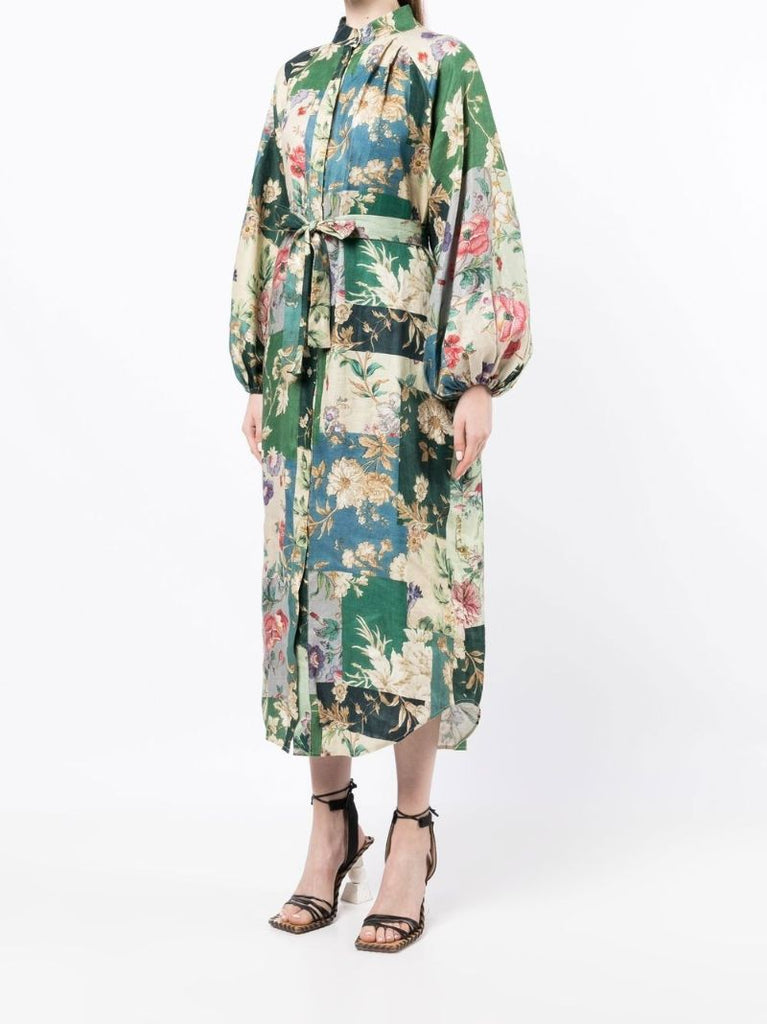 Green Loretta Patchwork Linen Shirt Dress