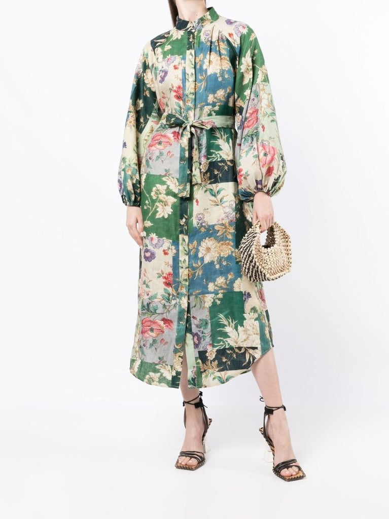 Green Loretta Patchwork Linen Shirt Dress