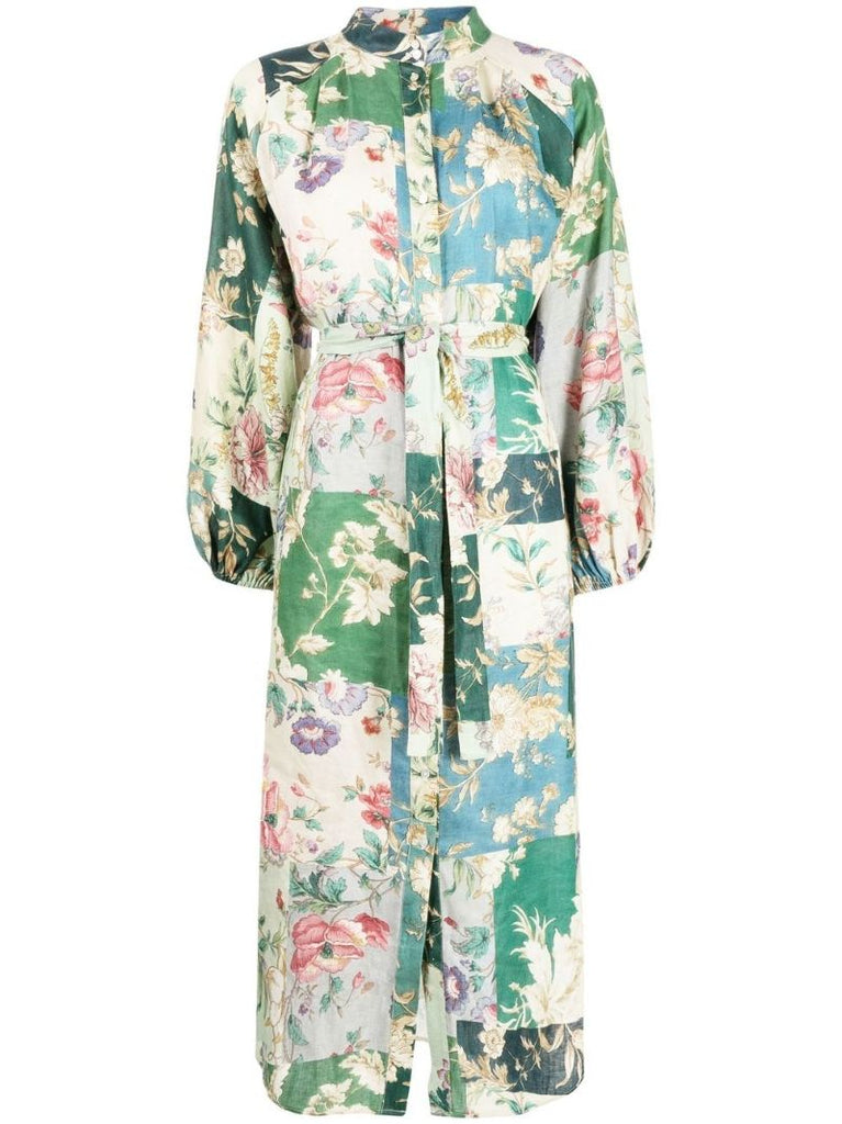 Green Loretta Patchwork Linen Shirt Dress