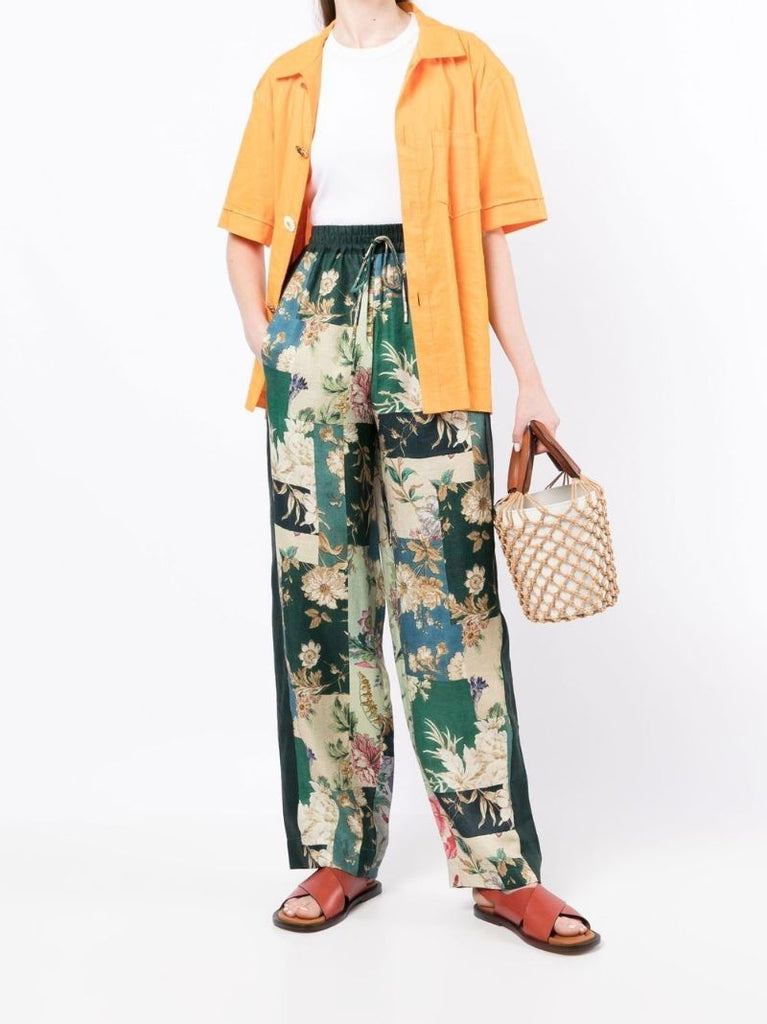 Green Loretta Patchwork Linen Track Pants