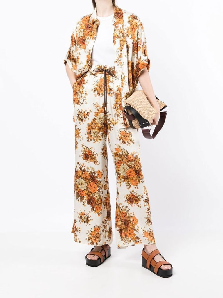 Orange Derby Floral Silk Wide-leg Pants