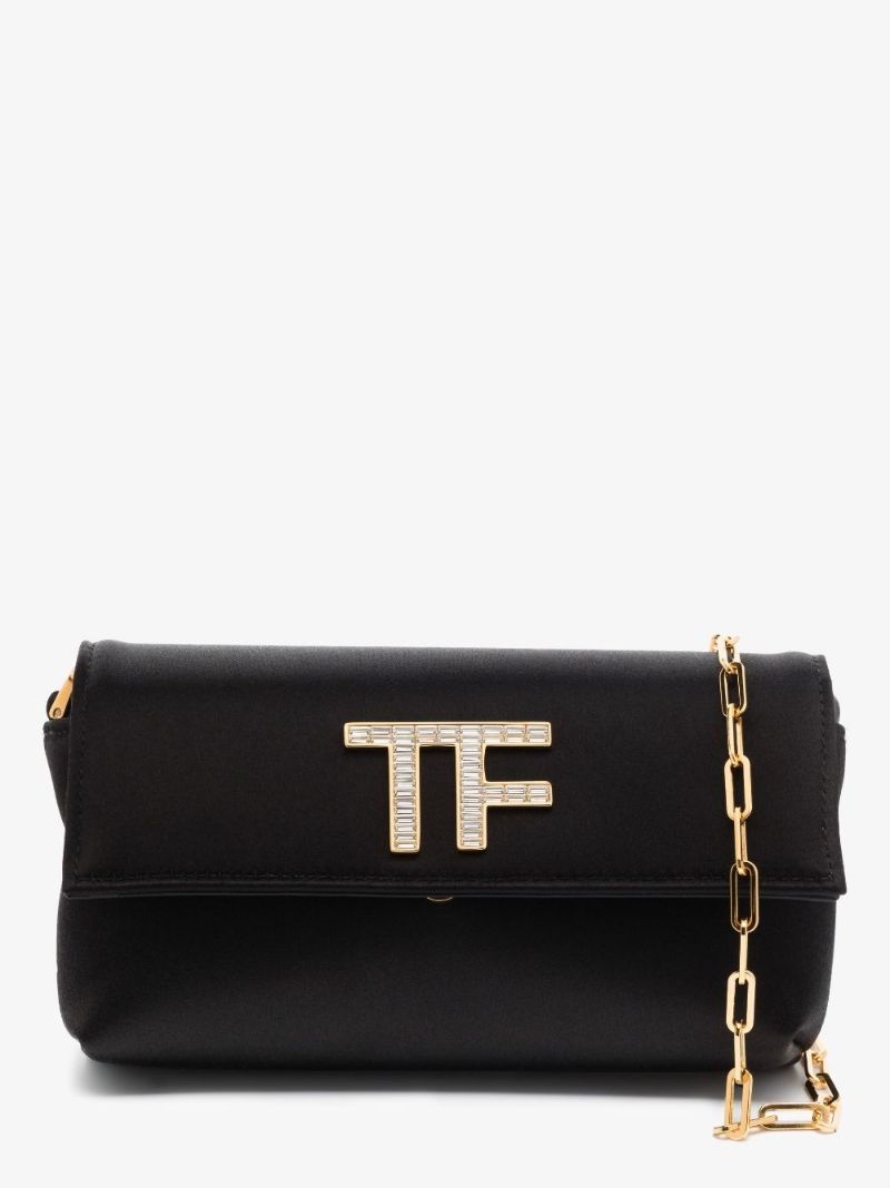 Black Logo Plaque Satin Clutch Bag