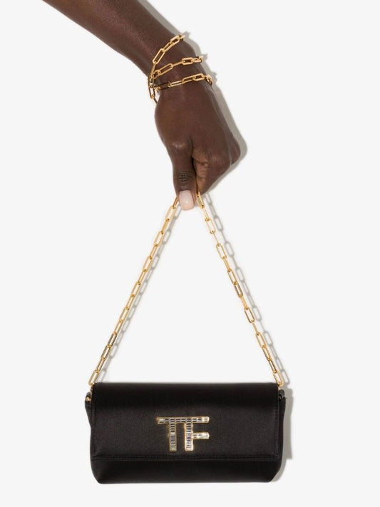 Black Logo Plaque Satin Clutch Bag