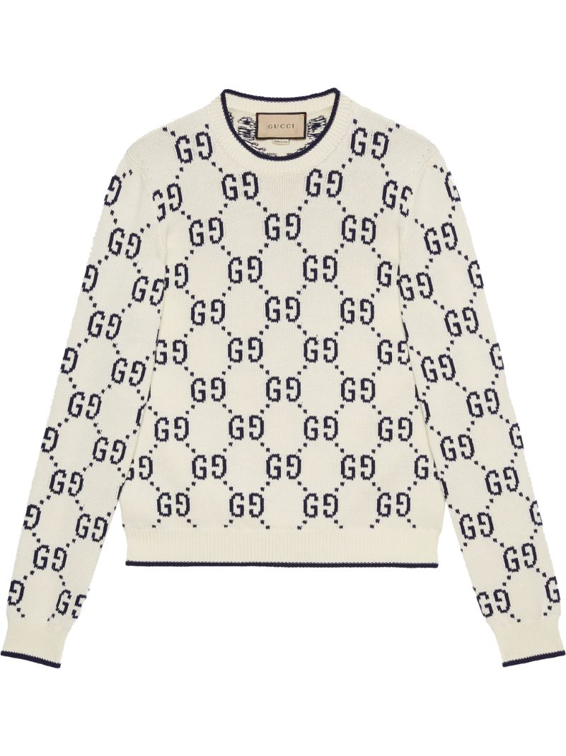 White Gg Intarsia Cotton Sweater