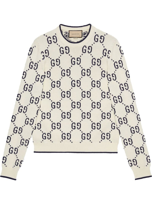 White Gg Intarsia Cotton Sweater