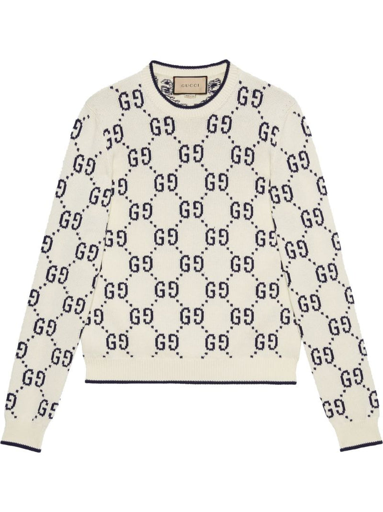White Gg Intarsia Cotton Sweater