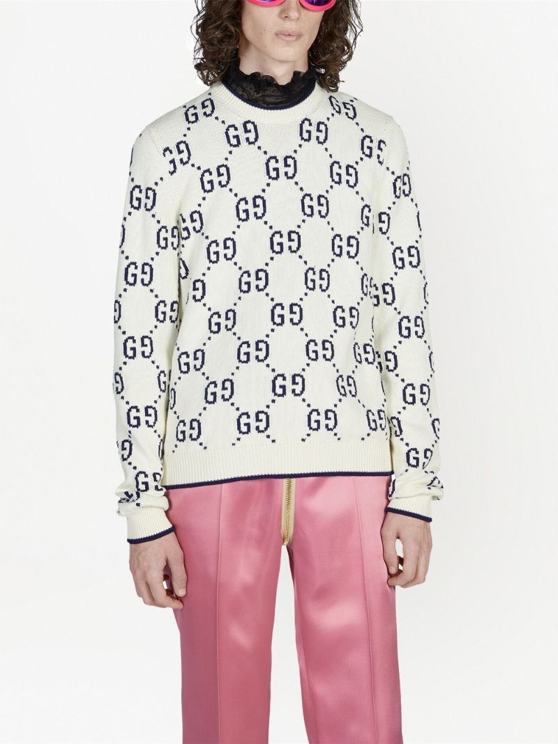 White Gg Intarsia Cotton Sweater