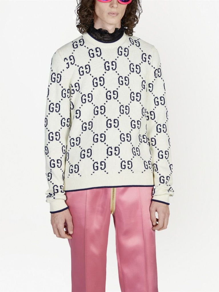 White Gg Intarsia Cotton Sweater