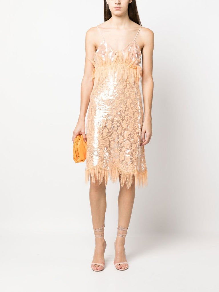 Orange Sequinned Lace Midi Dress