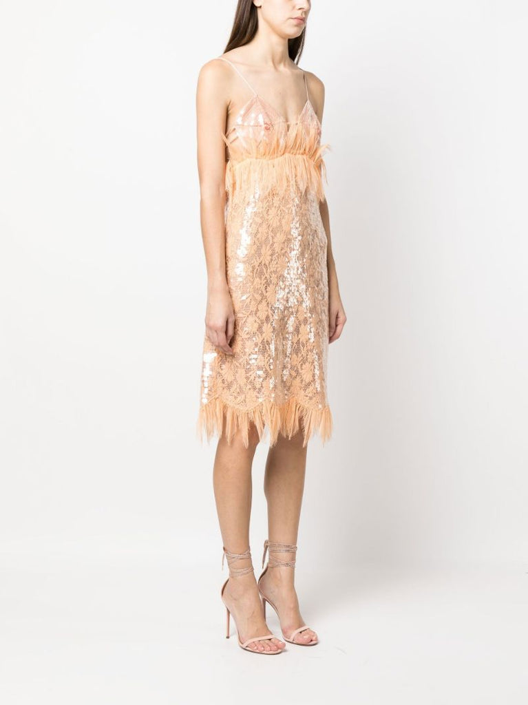 Orange Sequinned Lace Midi Dress