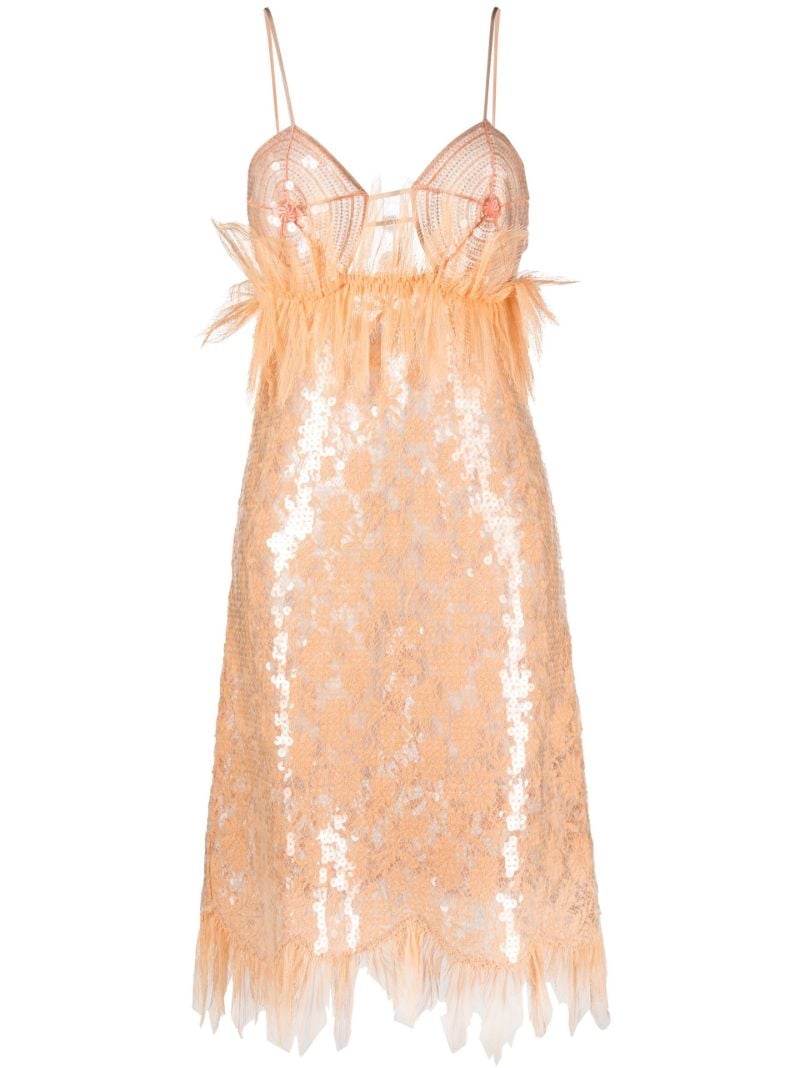 Orange Sequinned Lace Midi Dress