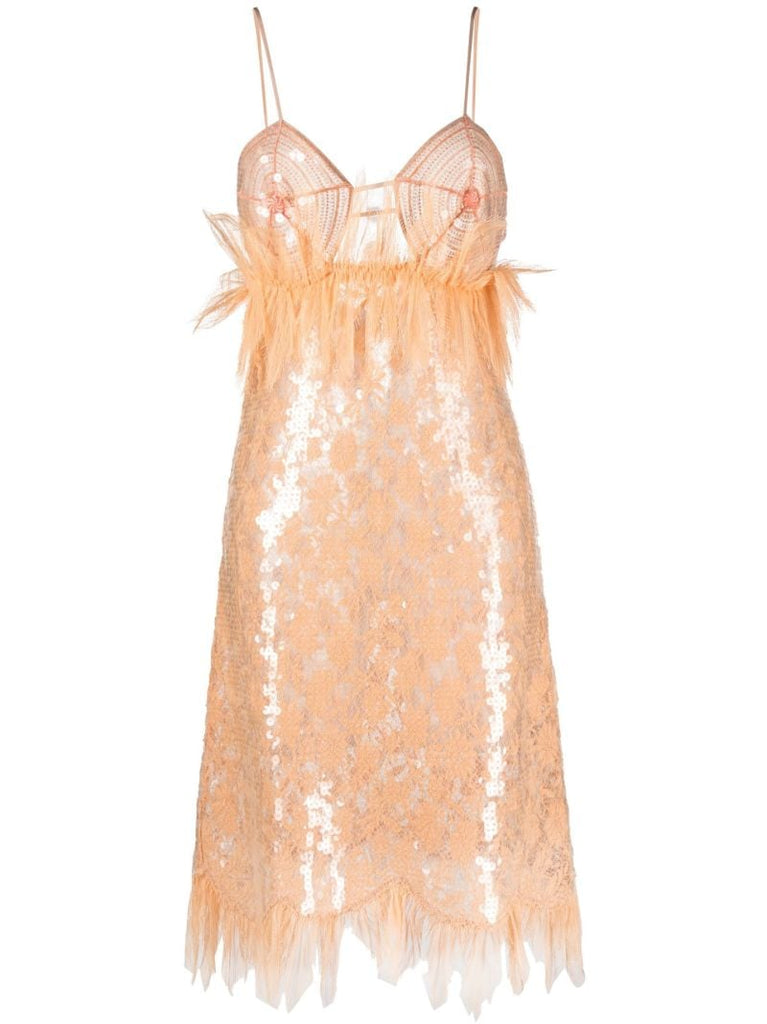 Orange Sequinned Lace Midi Dress
