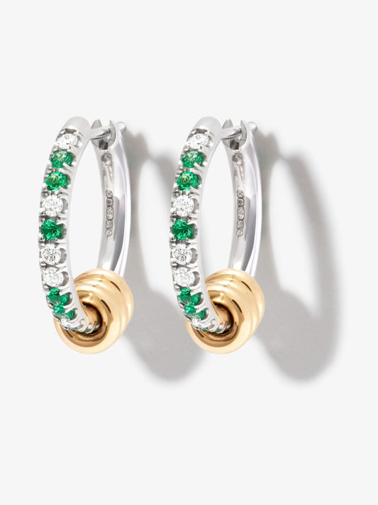 18k White Gold Ara Emerald and Diamond Hoop Earrings