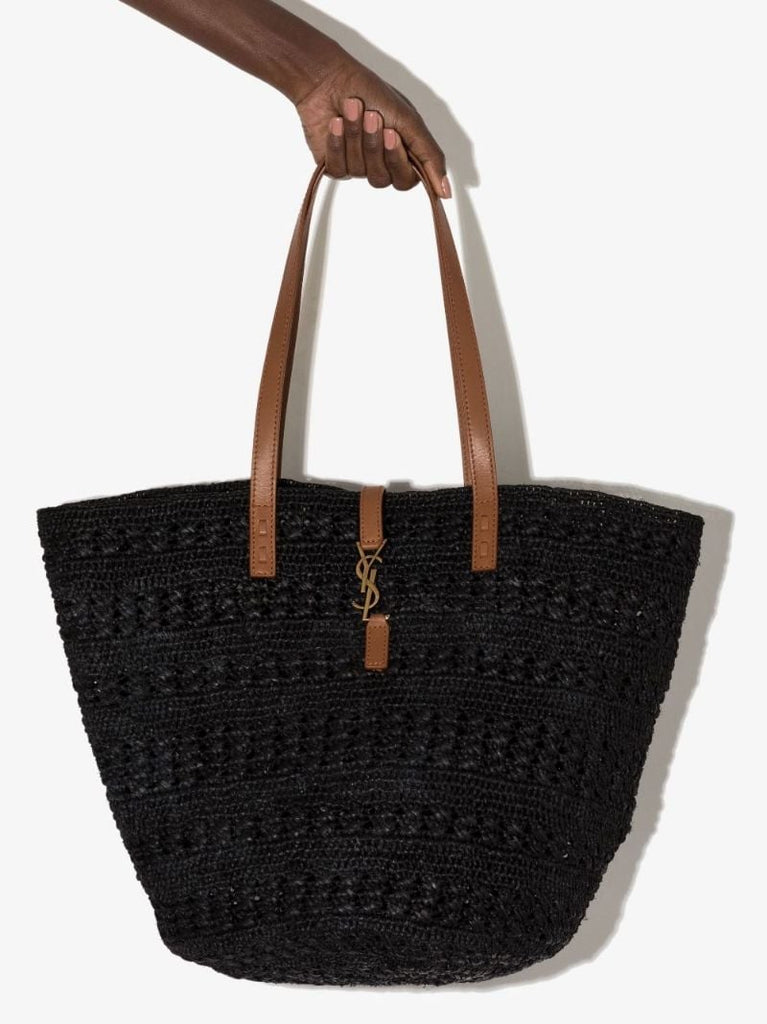 Black Panier Medium Raffia Tote Bag