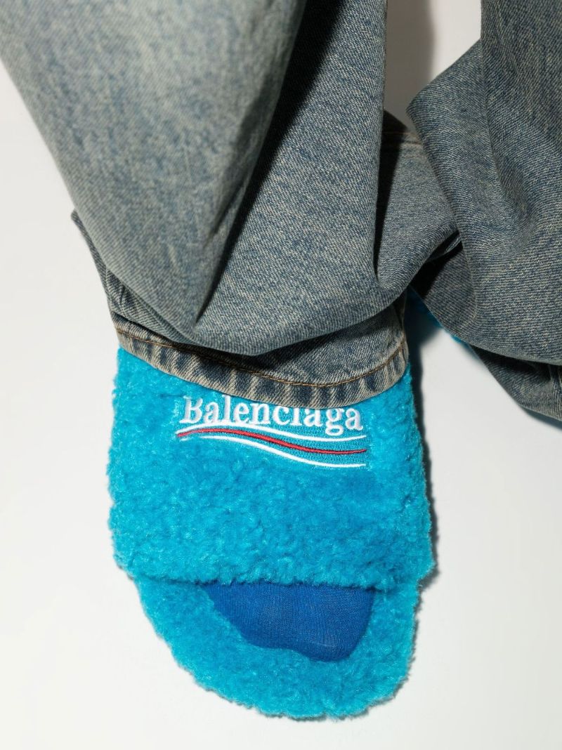 Blue Furry Logo Faux Shearling Slides