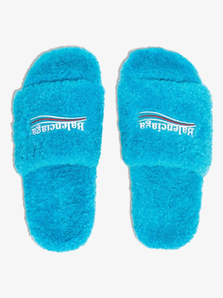 Blue Furry Logo Faux Shearling Slides