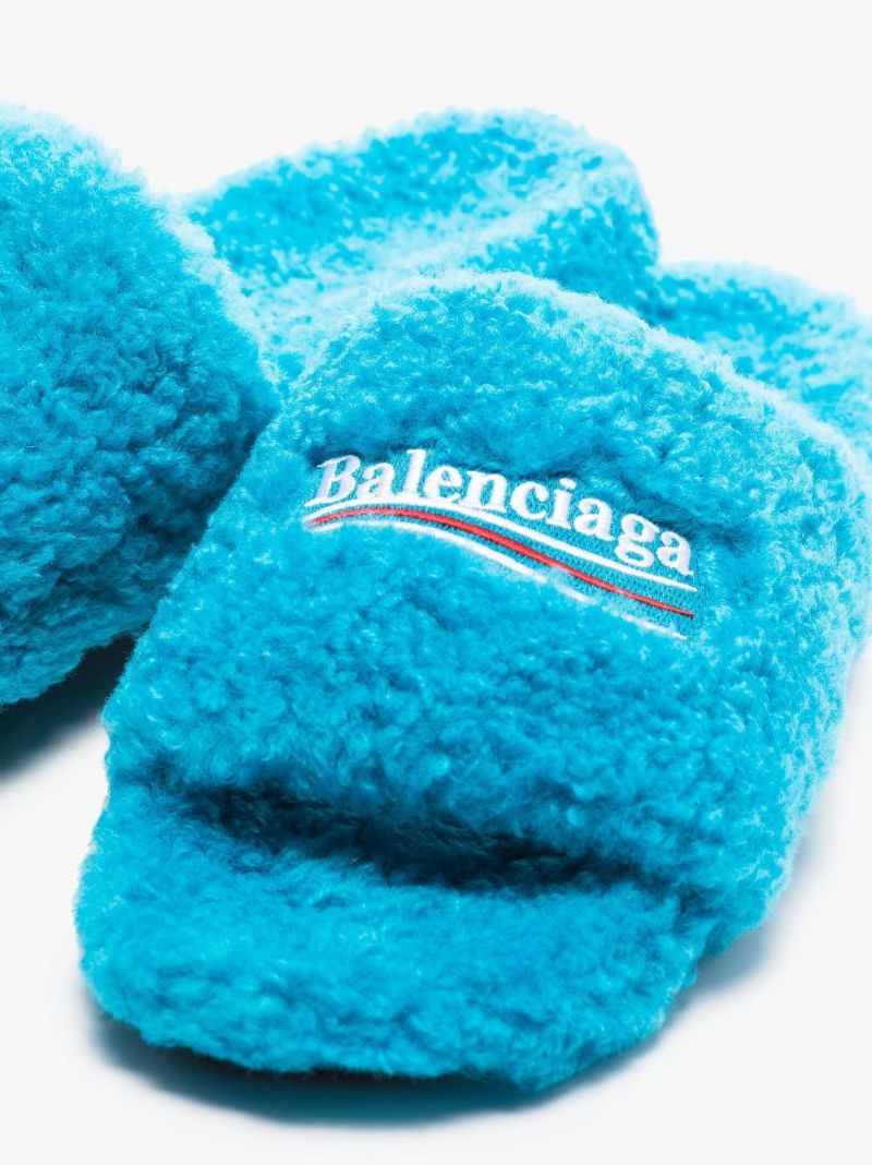 Blue Furry Logo Faux Shearling Slides