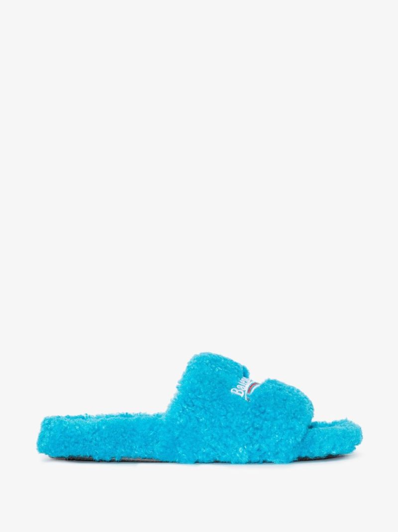 Blue Furry Logo Faux Shearling Slides