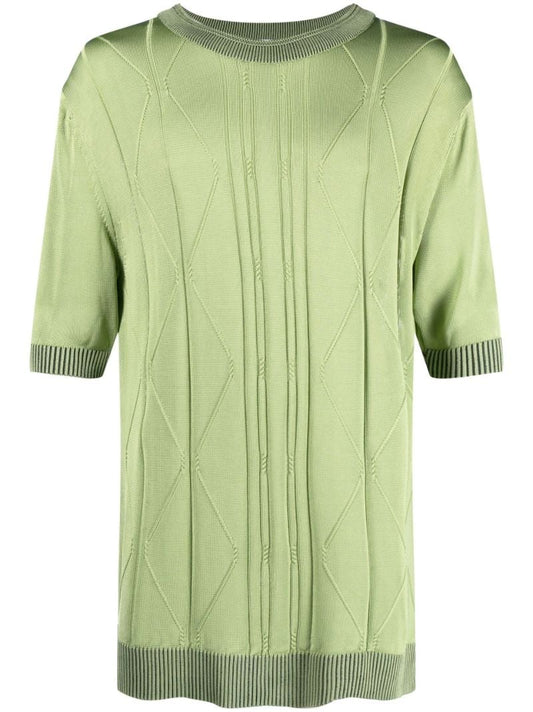 Green Fine Cable Knit Short Sleeved Sweater