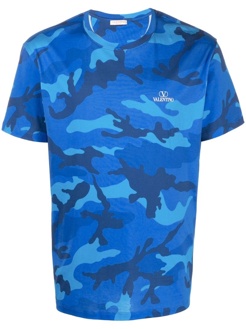 Blue Camouflage Print Cotton T-shirt
