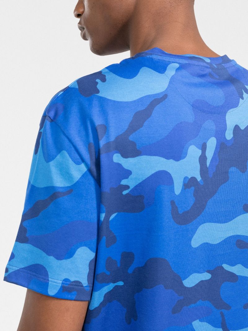 Blue Camouflage Print Cotton T-shirt