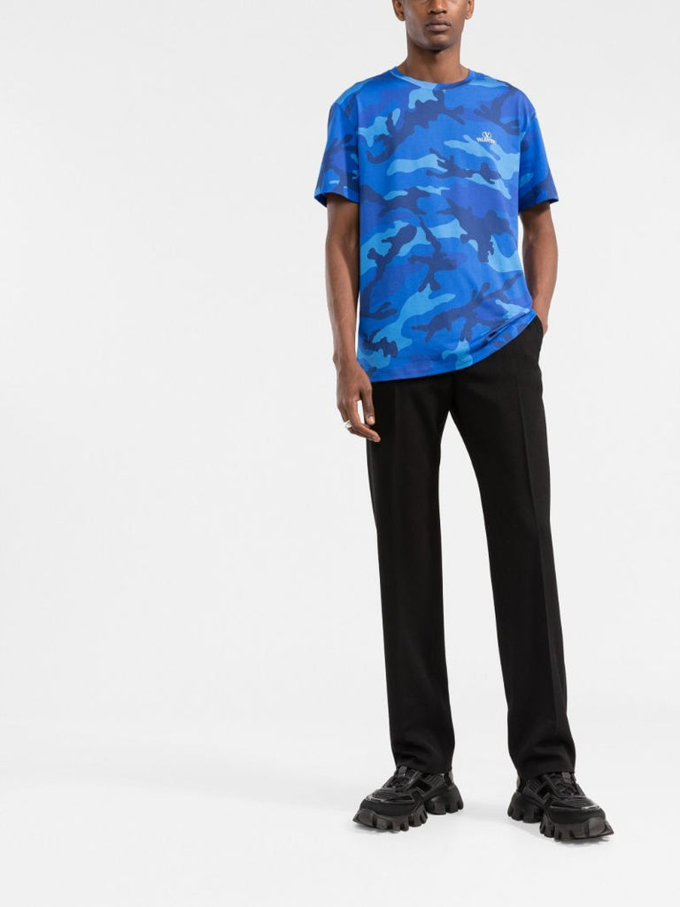 Blue Camouflage Print Cotton T-shirt