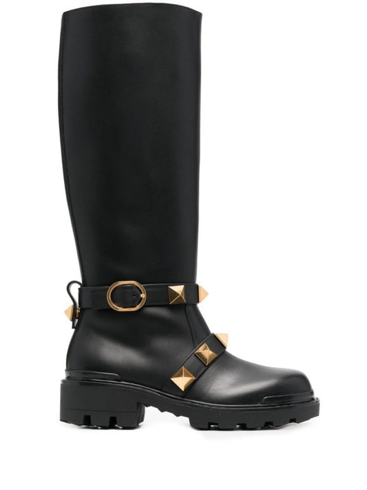 Black Roman Stud Leather Knee-high Boots