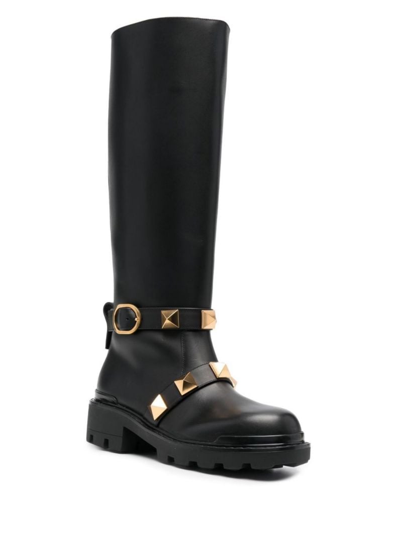 Black Roman Stud Leather Knee-high Boots