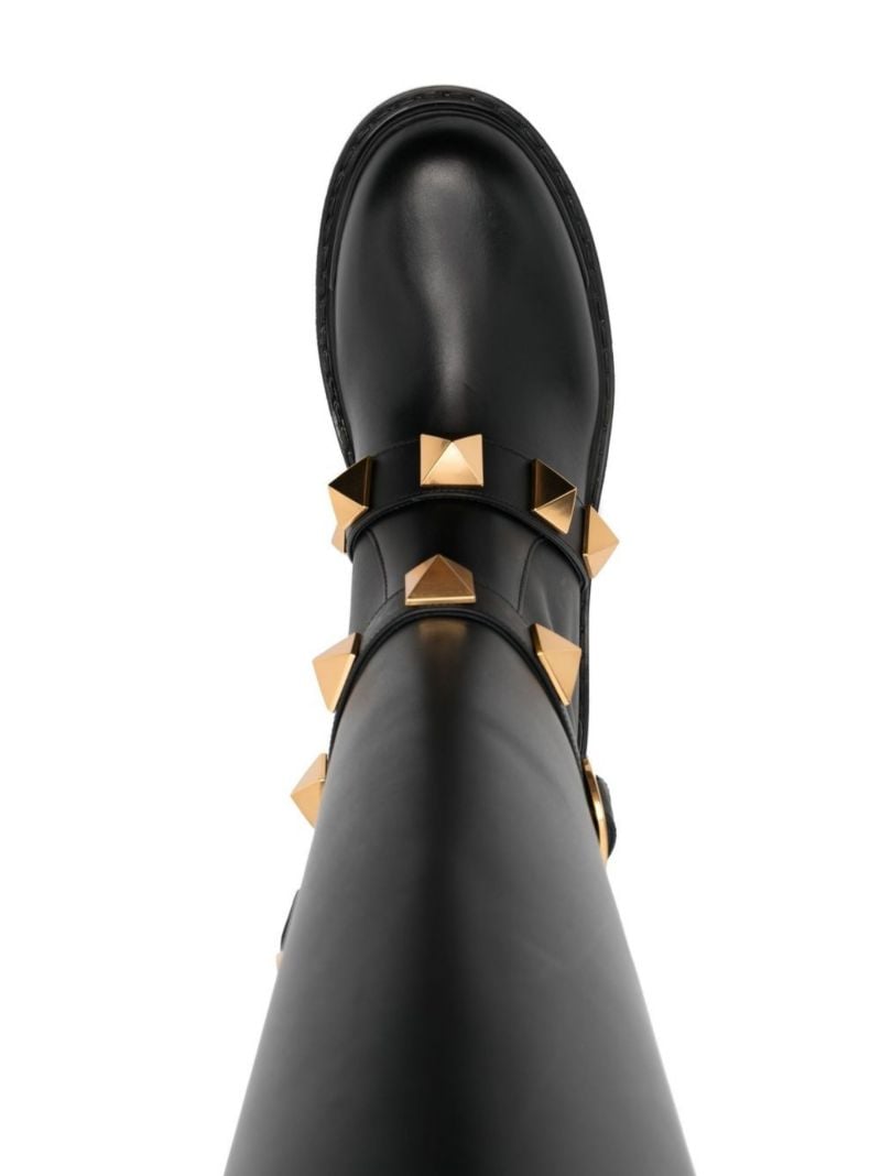 Black Roman Stud Leather Knee-high Boots