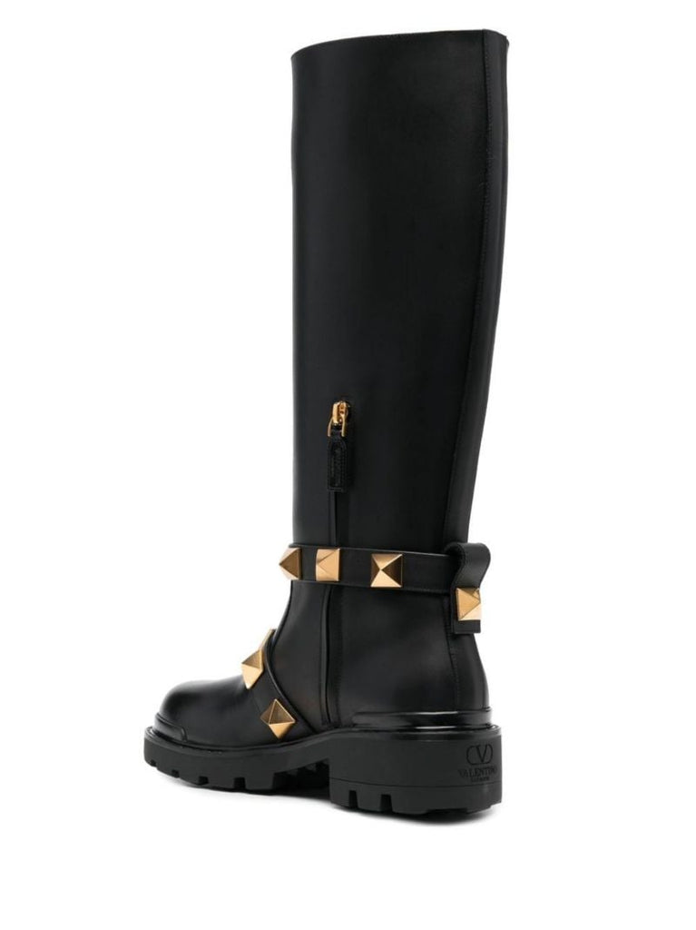 Black Roman Stud Leather Knee-high Boots