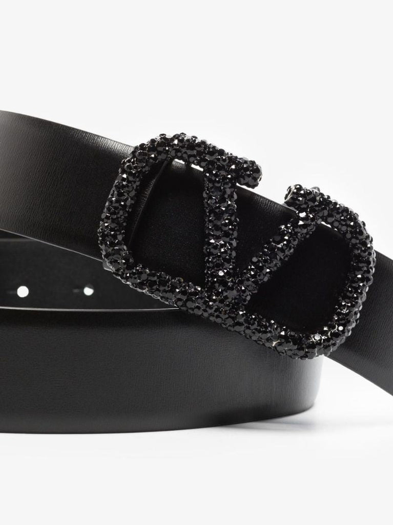 Black Vlogo Embellished Leather Belt