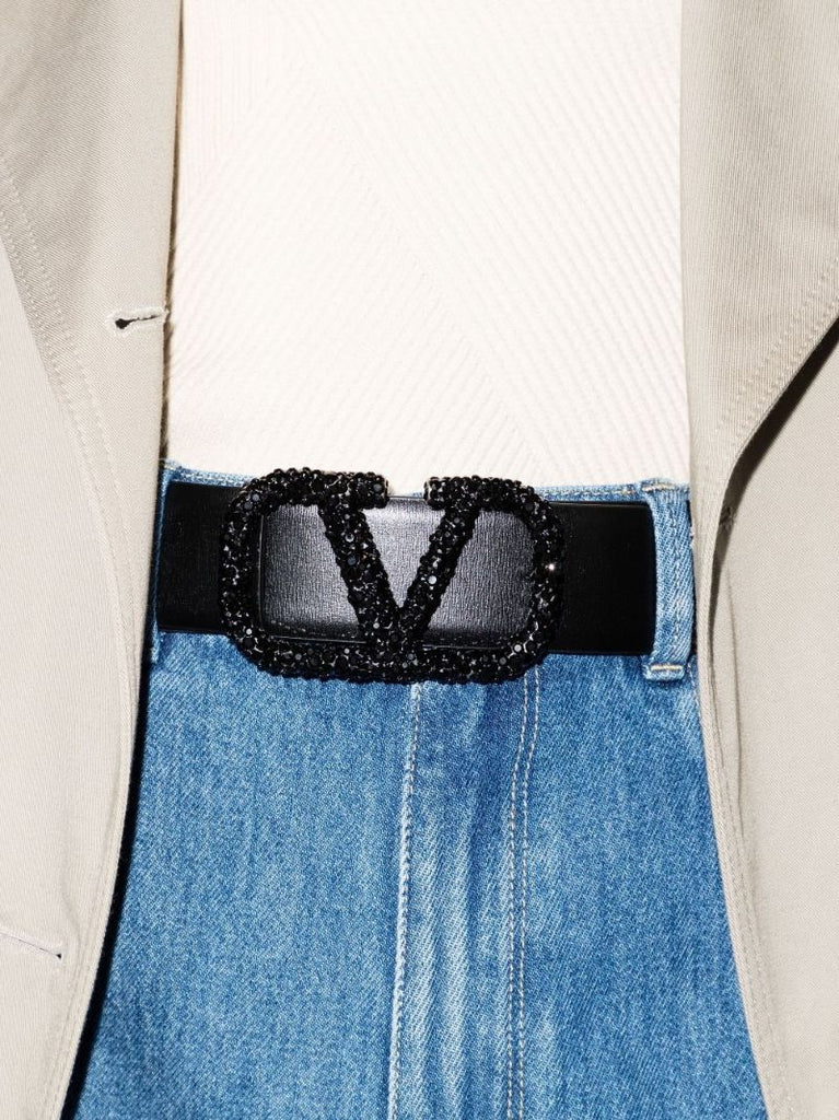 Black Vlogo Embellished Leather Belt