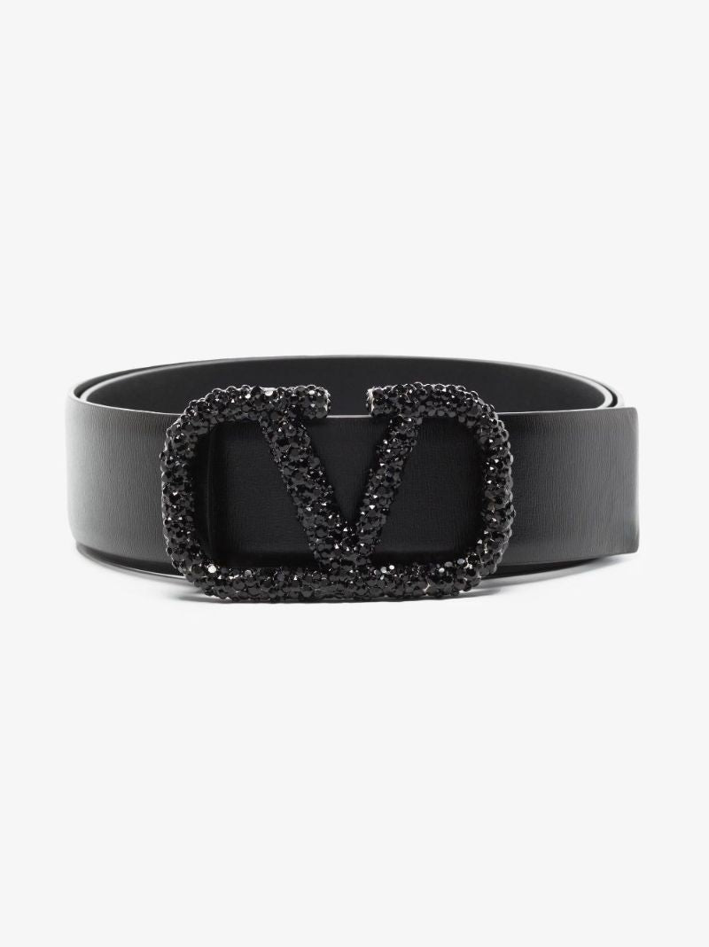 Black Vlogo Embellished Leather Belt