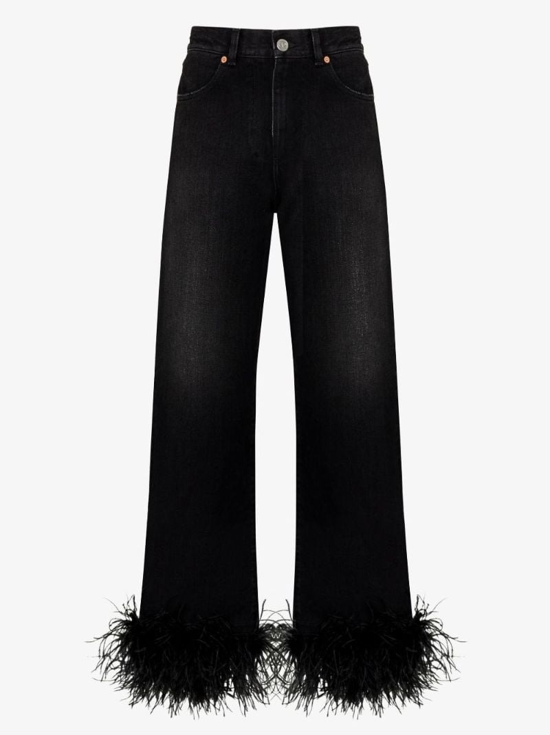 Black Straight Leg Feather Trim Jeans