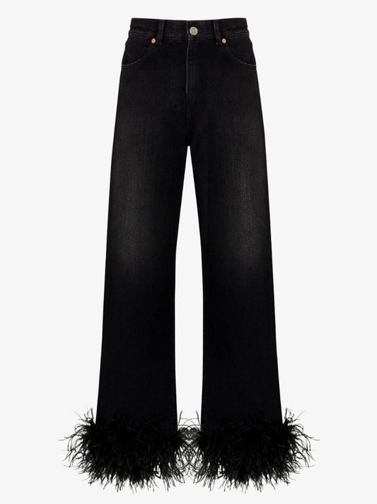 Black Straight Leg Feather Trim Jeans